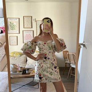 H&M Pink and Green Off-Shoulder Puff Sleeve Mini Dress
